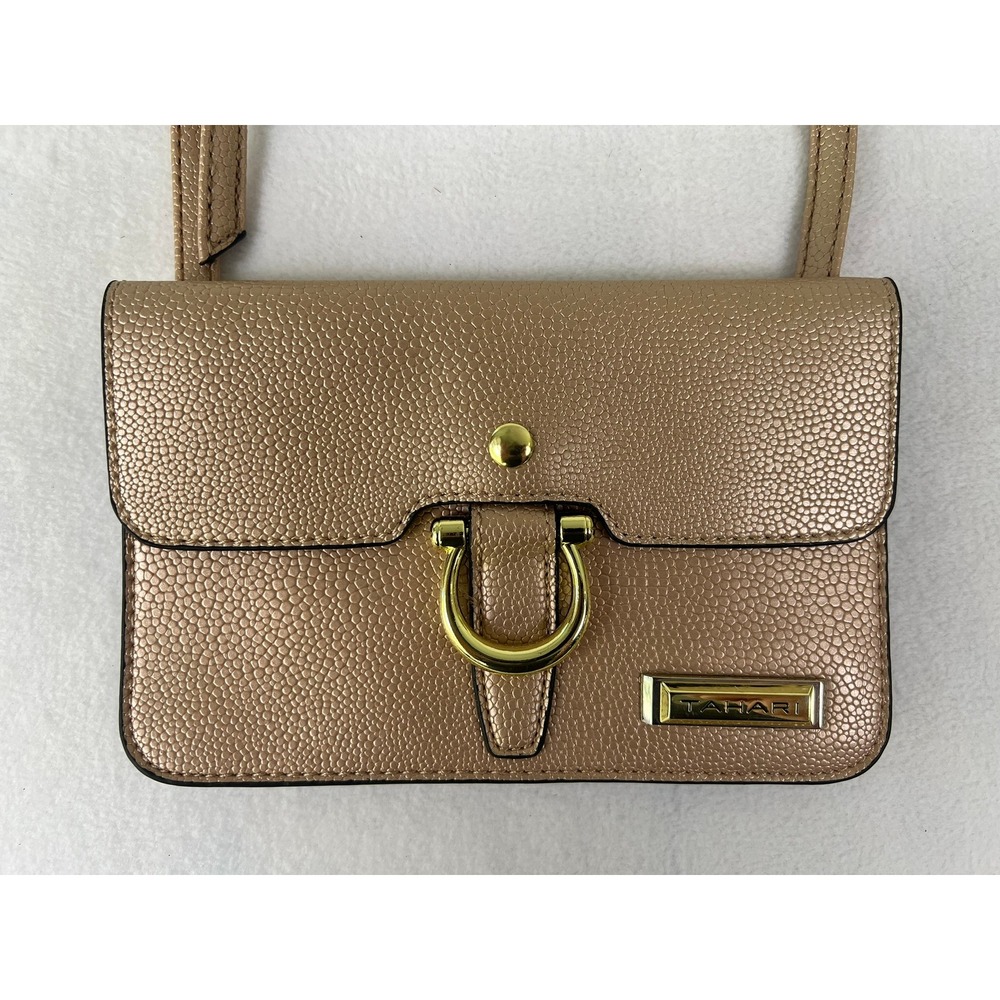 Tahari‎ Crossbody Bag Rose Gold Metallic Pebbled D-Ring Quiet Luxury Minimal